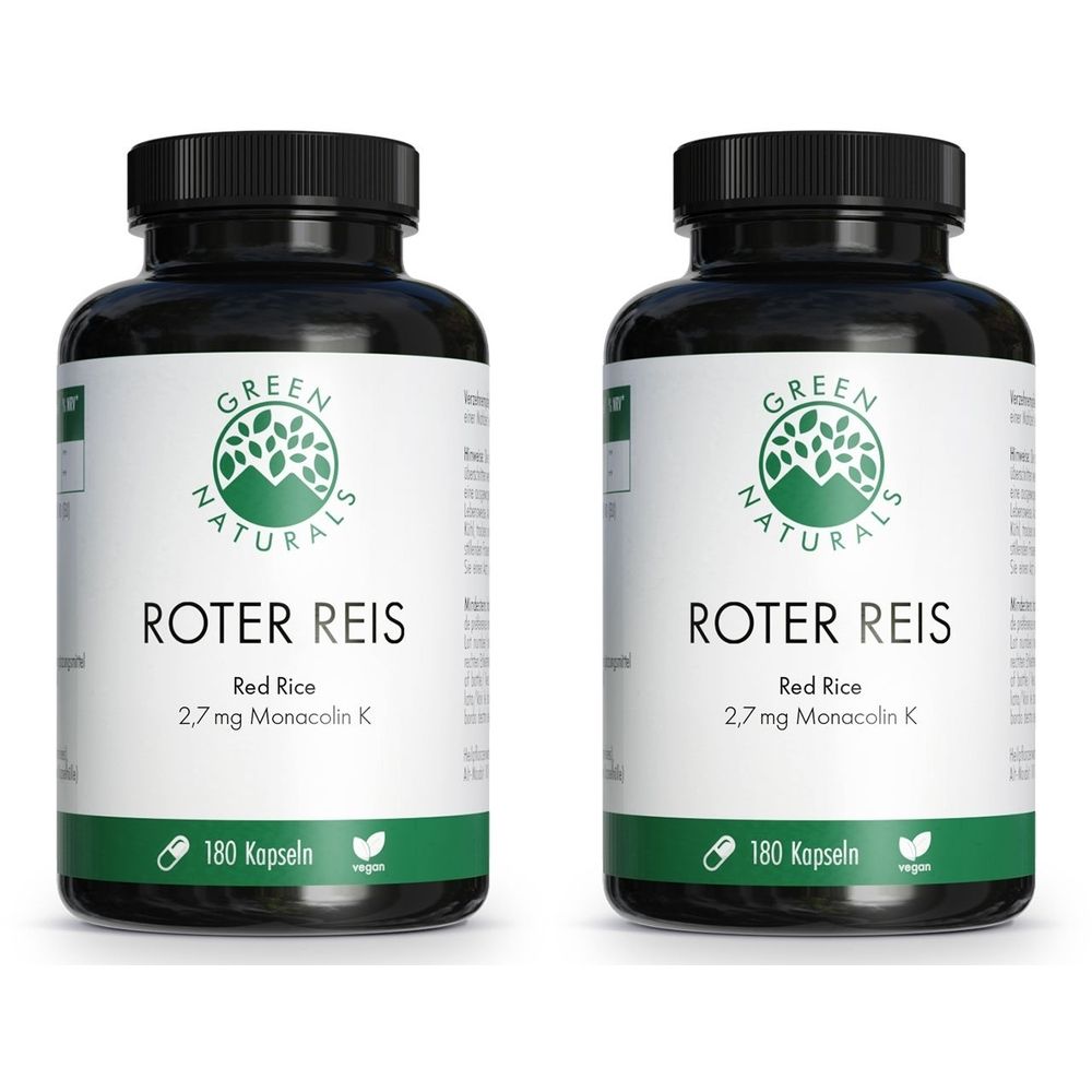 Zwei Flaschen mit schwarzem Deckel. Aufschrift: ROTER REIS, 2,7 mg Monacolin K, 180 Kapseln. Grün-weißes Etikett mit Logo.