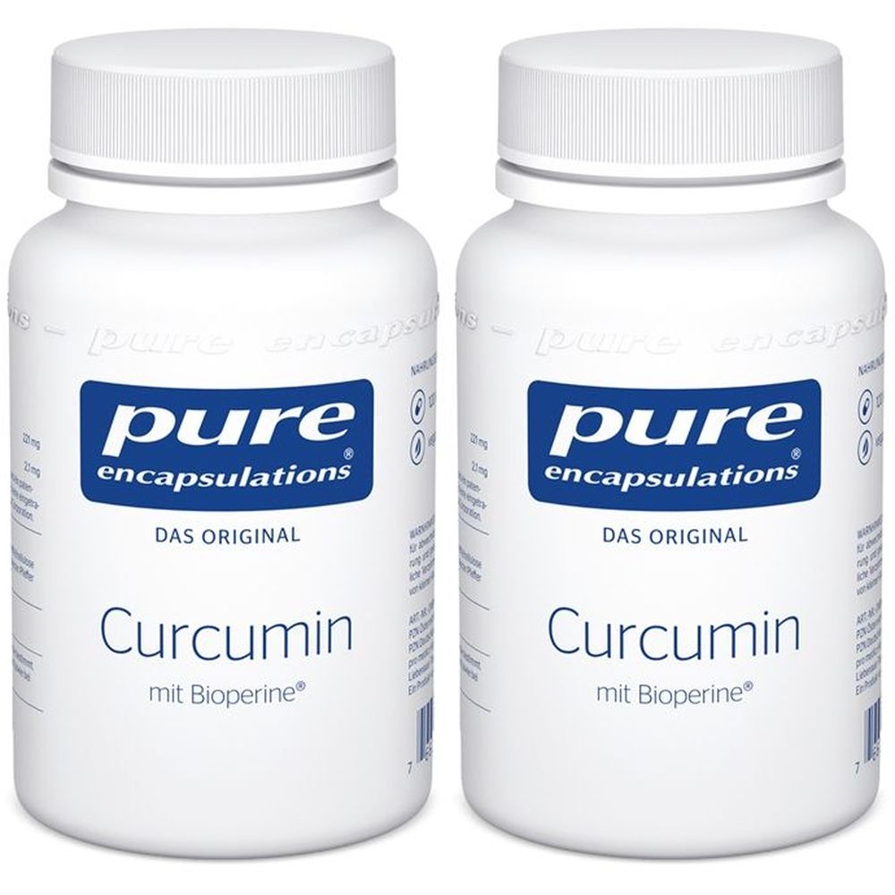 Zwei weiße Flaschen mit blauen Etiketten. Aufschrift: pure encapsulations, Curcumin mit Bioperine. Das Original.