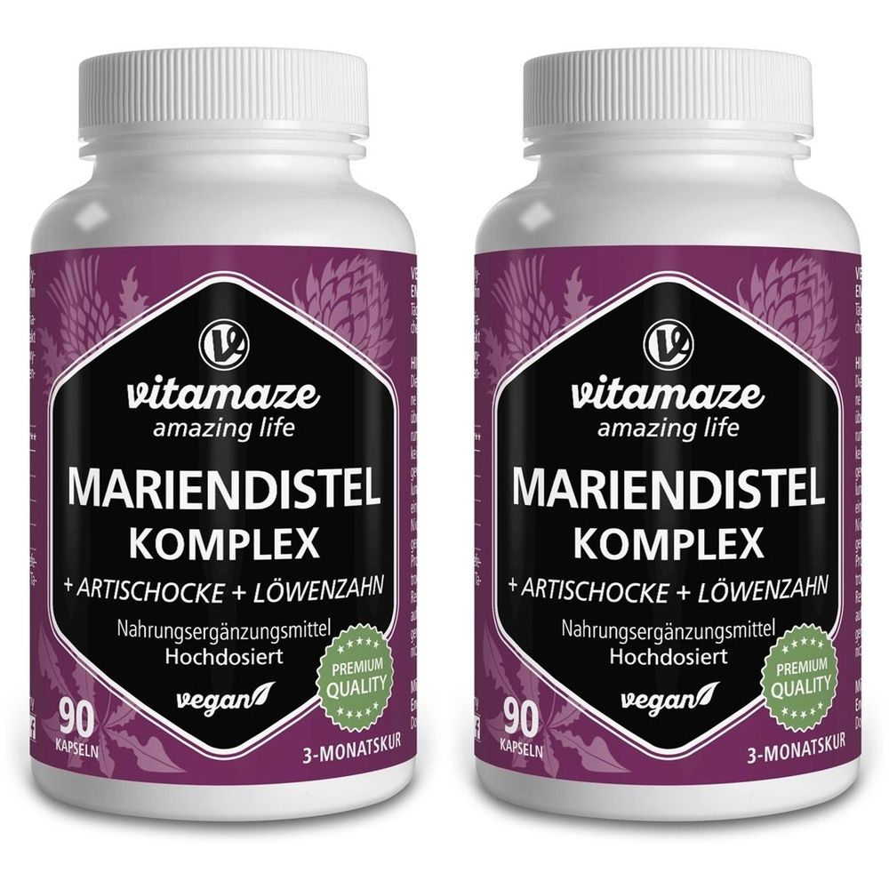 Zwei Flaschen Vitamaze Mariendistel Komplex. Schwarzes Etikett mit weißer Schrift. 90 Kapseln, vegan, Premium Quality.