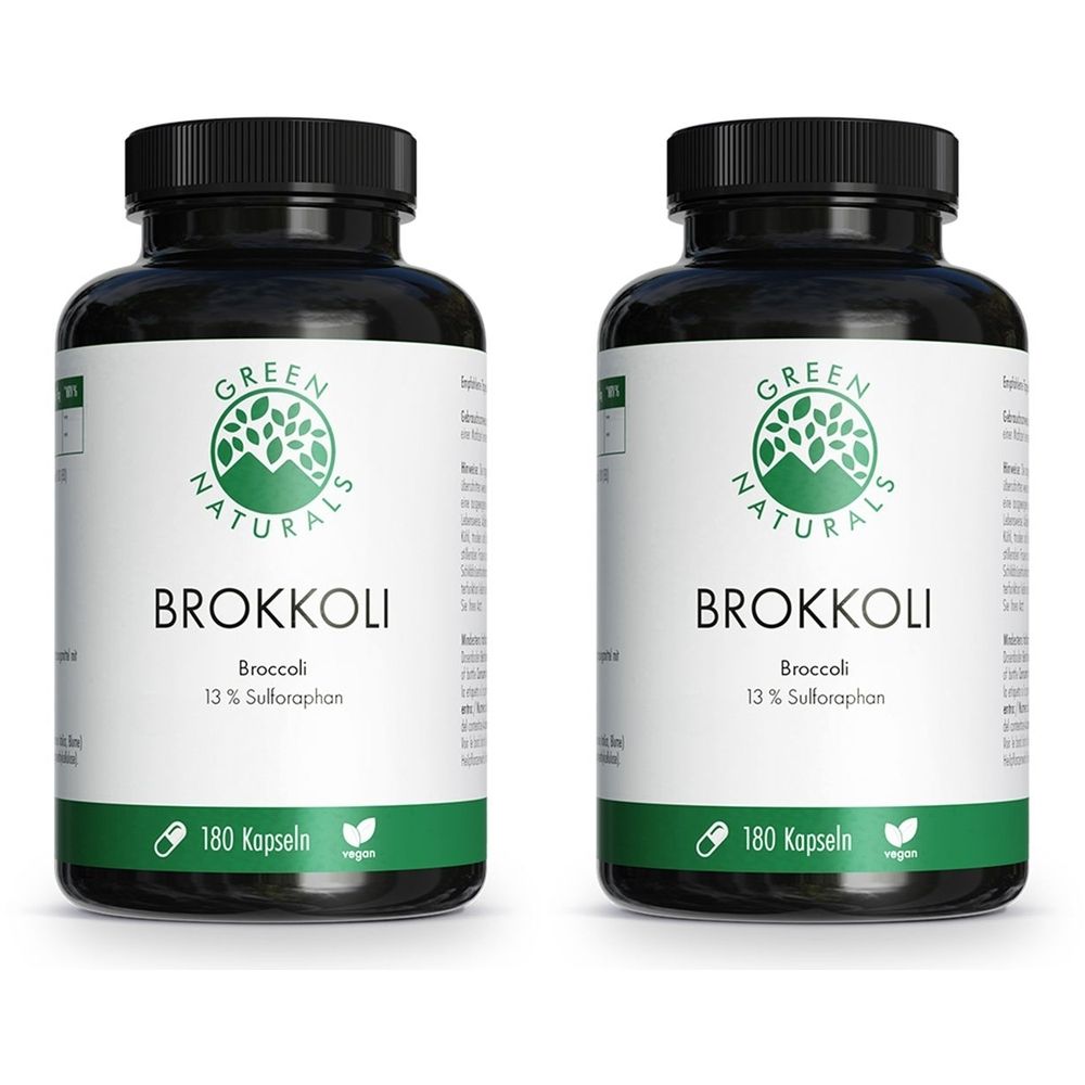 Zwei grüne Flaschen mit schwarzen Deckeln. Auf den Etiketten steht "GREEN NATURALS BROKKOLI" und "13 % Sulforaphan". 180 Kapseln, vegan.