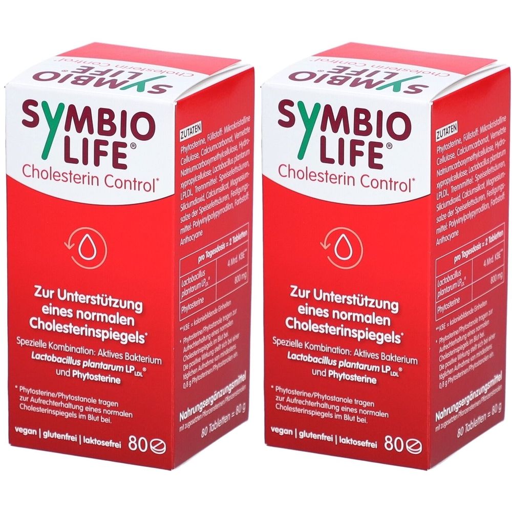 Zwei rote Schachteln mit "SymbioLife Cholesterin Control". Text: "Zur Unterstützung eines normalen Cholesterinspiegels". 80 Tabletten.
