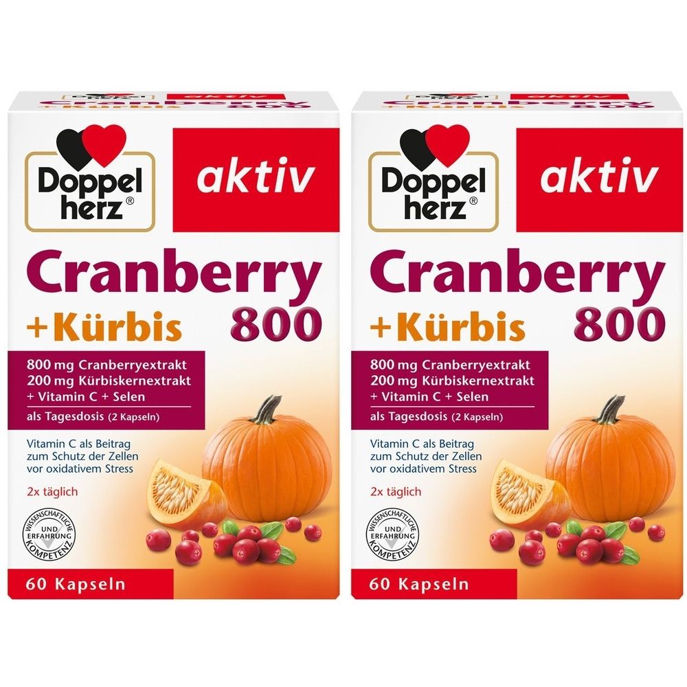 Zwei Packungen Doppelherz aktiv Cranberry + Kürbis + Vitamin C + Selen Kapseln. Aufdrucke: Cranberry + Kürbis 800, 60 Kapseln, Vitamin C.