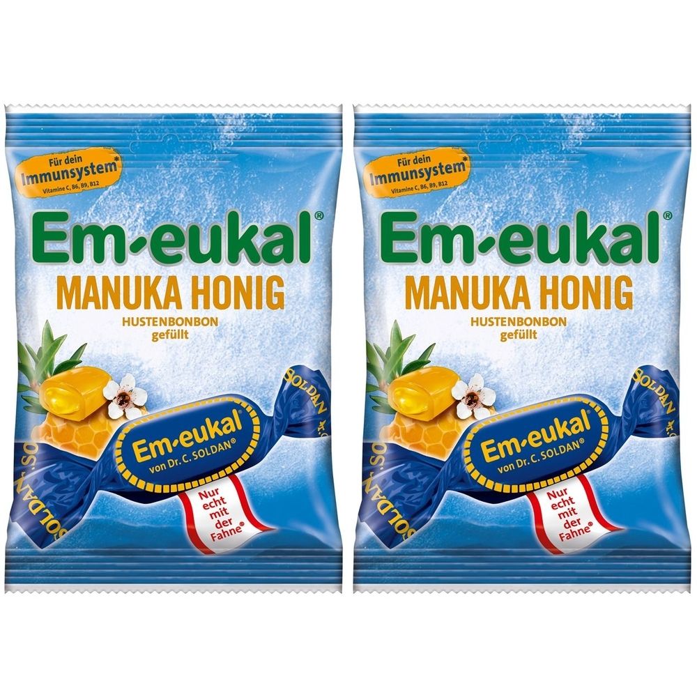 Zwei Beutel Em-eukal® Hustenbonbons mit Manuka Honig. Blaue Verpackung mit Produktnamen und Abbildung von Bonbons. Aufschrift: Für dein Immunsystem.