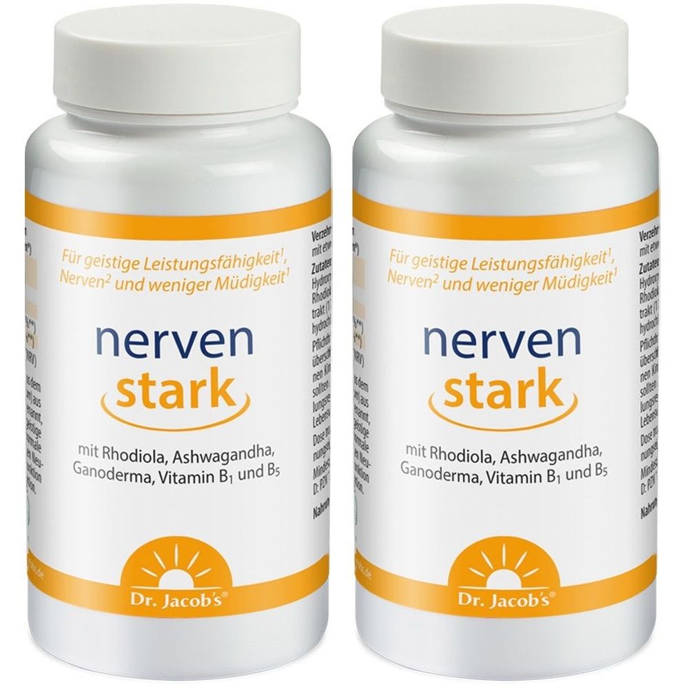 Zwei weiße Flaschen mit gelb-blauer Aufschrift "nervenstark". Text: "mit Rhodiola, Ashwagandha, Ganoderma, Vitamin B1 und B5".