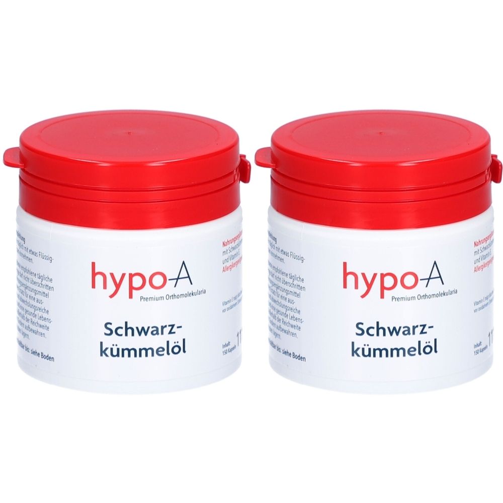 Zwei weiße Dosen mit rotem Deckel. Aufschrift: hypo-A, Schwarzkümmelöl. Premium Orthomolekular. Kapseln.