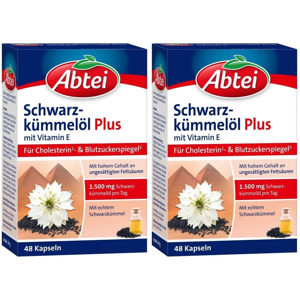 Zwei Schachteln Abtei Schwarzkümmelöl Plus. Aufschrift: Vitamin E, für Cholesterin- & Blutzuckerspiegel. Enthält 48 Kapseln.