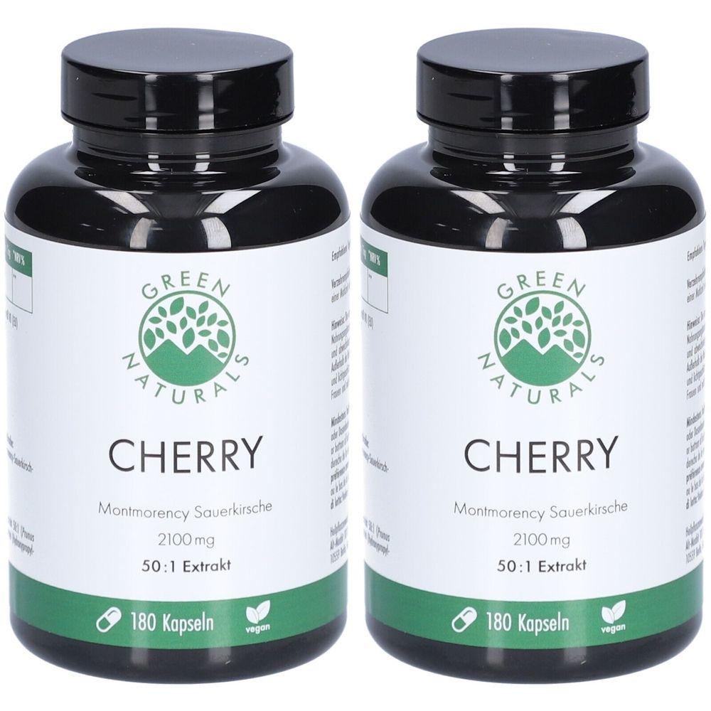 Zwei schwarze Flaschen mit weißen Etiketten. Auf den Etiketten steht "Green Naturals Cherry", "Montmorency Sauerkirsche 2100mg" und "180 Kapseln".