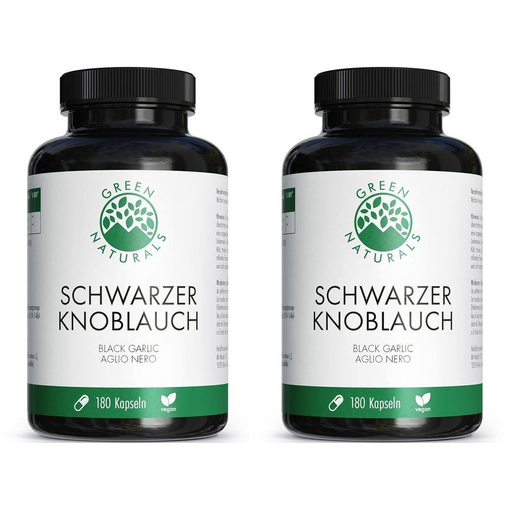 Zwei schwarze Flaschen mit schwarzem Knoblauch-Nahrungsergänzungsmittel. Aufschrift: GREEN NATURALS, SCHWARZER KNOBLAUCH, 180 Kapseln.