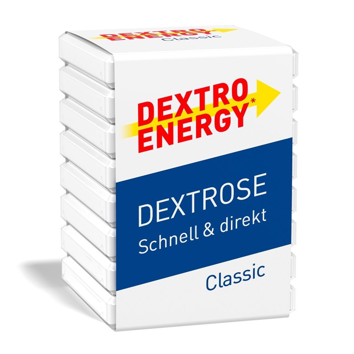 Weiße, quaderförmige Packung mit Dextro Energy. Aufschrift: Dextrose, Schnell & direkt, Classic. Logo mit gelbem Pfeil.