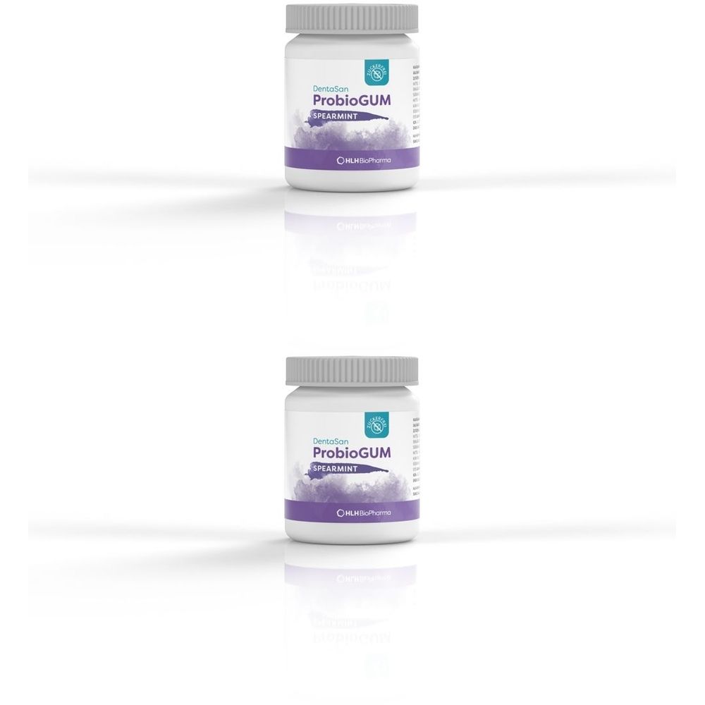 Zwei weiße Flaschen DentaSan ProbioGUM, Probiotischer Kaugummi für die Mundflora, mit grauem Deckel, auf weißem Hintergrund.