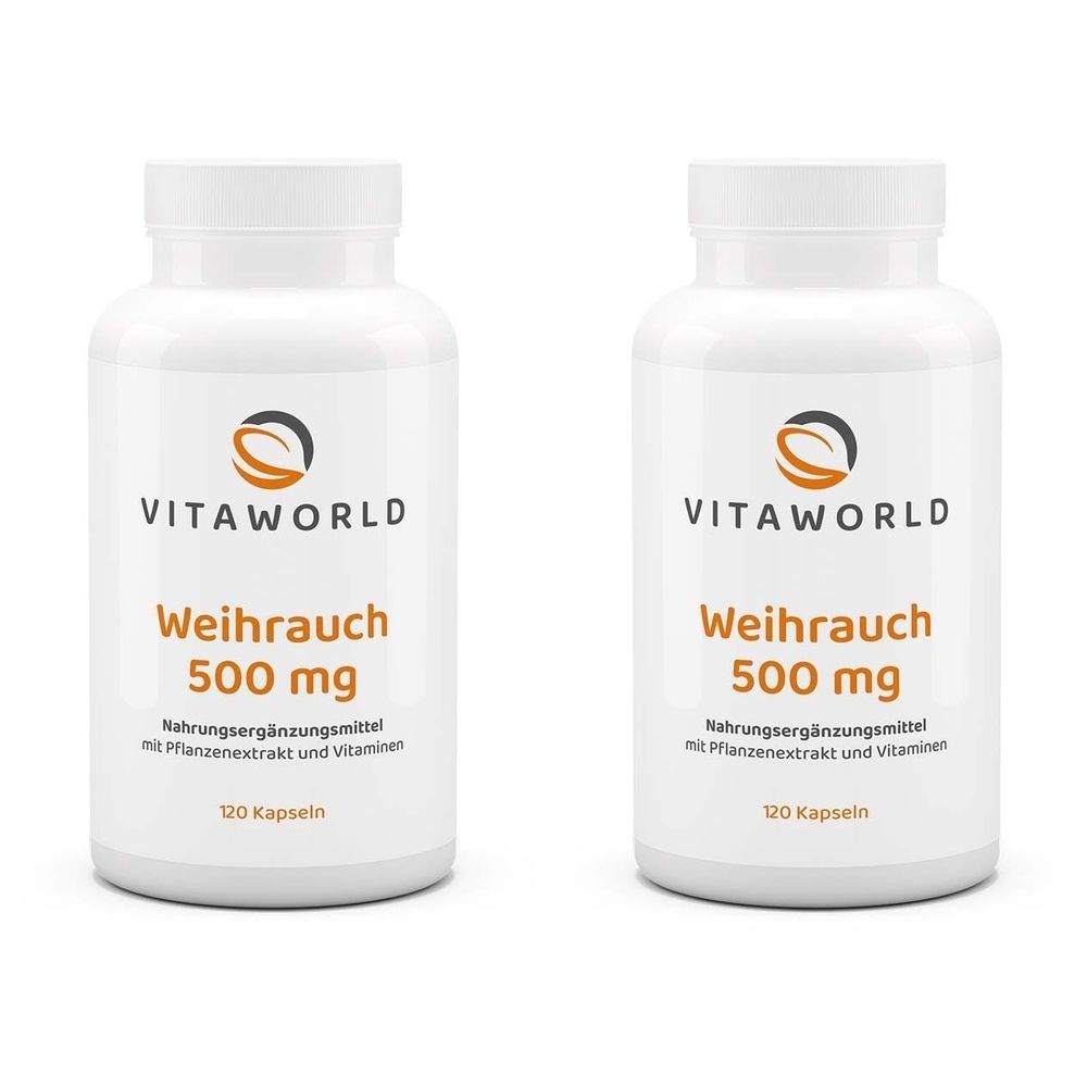 Zwei weiße Flaschen mit Etiketten. Aufschrift: VITAWORLD, Weihrauch 500 mg, Nahrungsergänzungsmittel. 120 Kapseln.