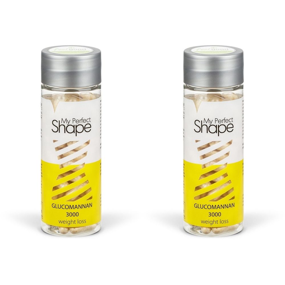 Zwei Flaschen mit Kapseln. Aufschrift: My Perfect Shape, Glucomannan 3000, weight loss. Silberner Deckel, gelber Hintergrund.