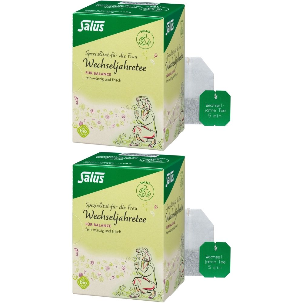 Zwei Kartons Salus Wechseljahretee. Grün-gelbe Verpackung mit Schriftzug und Illustration. Einzelne Teebeutel.