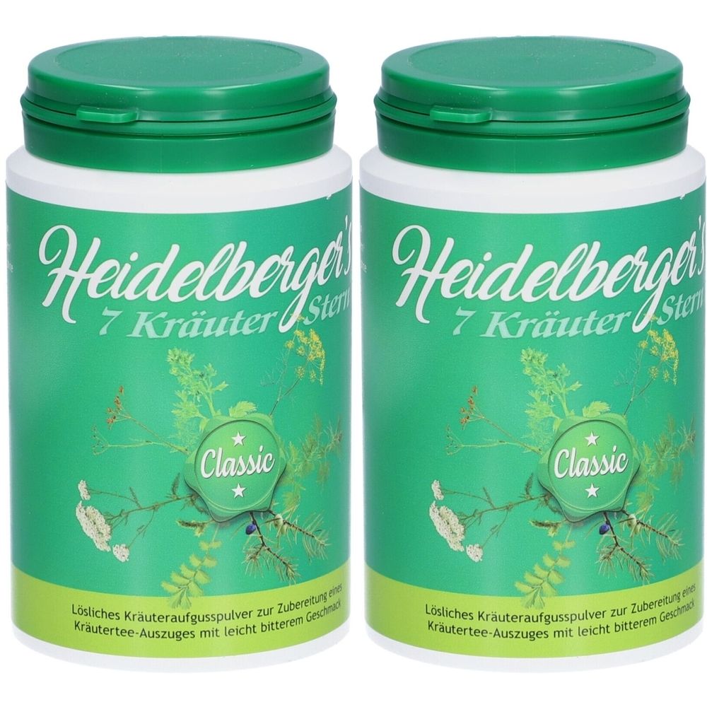 Zwei grüne Dosen mit weißer Schrift. Aufschrift: Heidelberger´s 7 Kräuter-Stern. Aufschrift: Classic. Text: Lösliches Kräuteraufgusspulver.