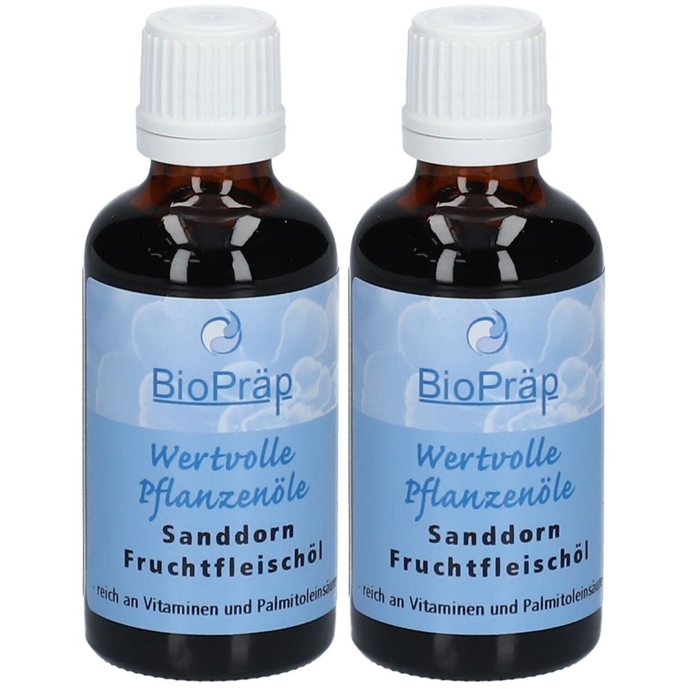 Zwei braune Glasflaschen mit weißem Deckel. Auf dem Etikett steht "BioPräp", "Wertvolle Pflanzenöle", "Sanddorn Fruchtfleischöl".
