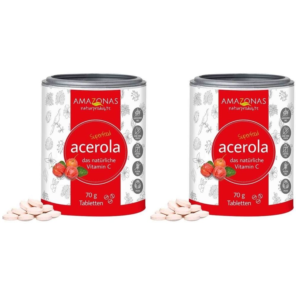 Zwei Dosen mit Tabletten. Aufschrift: Acerola, Vitamin C. Marke: AMAZONAS. Tabletten liegen vor den Dosen.