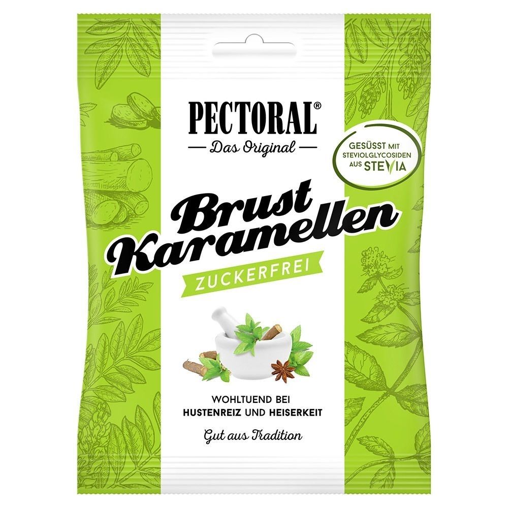 Verpackung von PECTORAL Brust-Karamellen zuckerfrei. Grün-weißes Design mit Produktnamen, Kräutern und dem Hinweis "zuckerfrei".