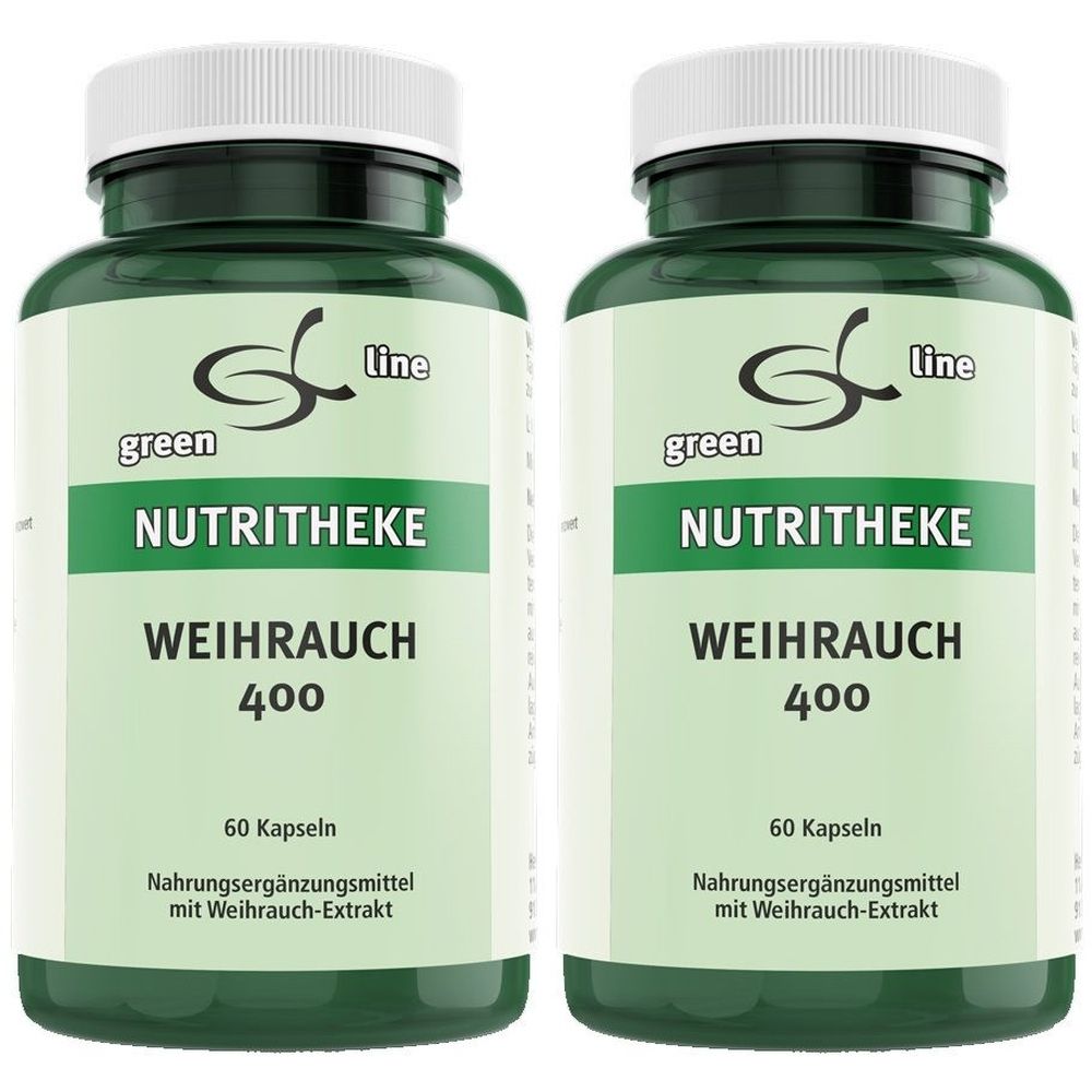 Zwei grüne Flaschen mit weißem Deckel. Aufschrift: green, NUTRITHEKE, WEIHRAUCH 400, 60 Kapseln. Nahrungsergänzungsmittel mit Weihrauch-Extrakt.