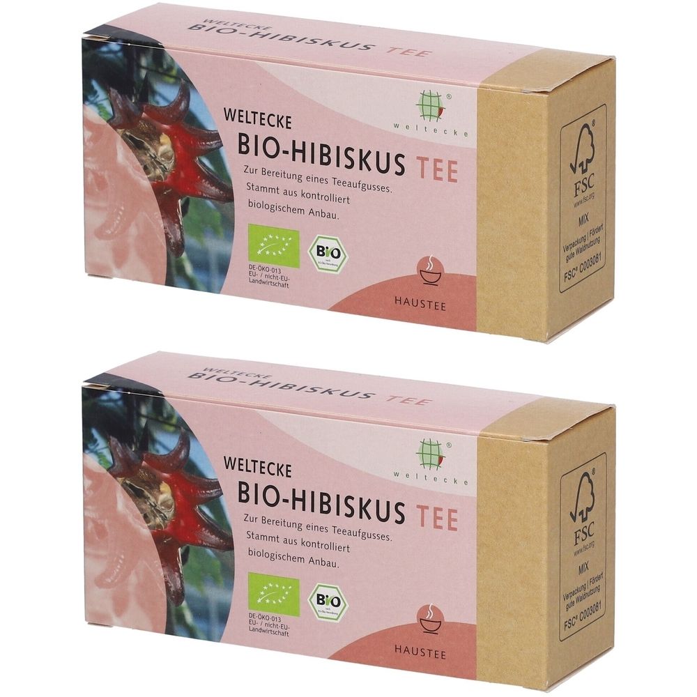 Zwei Kartons Bio-Hibiskustee. Rosa-weiße Verpackung mit Produktnamen und Logo. FSC-Zertifizierung auf der Seite.