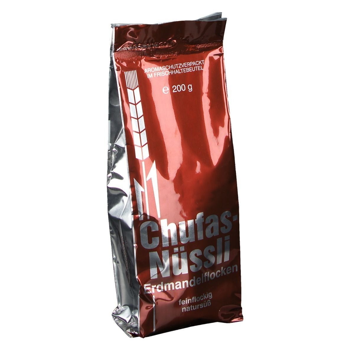Verpackung von Chufas Nüssli. Rote, glänzende Tüte mit Produktnamen und Text. Enthält 200 g. Aromaschutzverpackung.