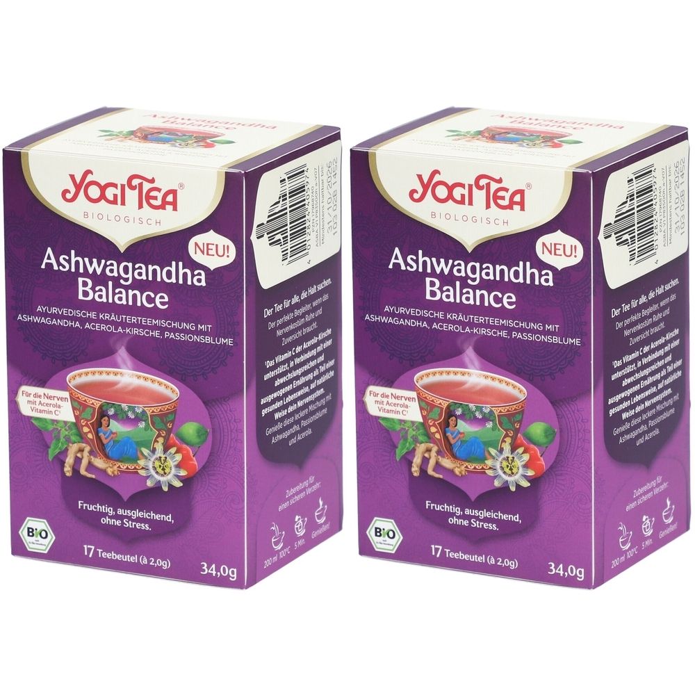 Zwei Packungen Yogi Tea Ashwagandha Balance. Lila Kartons mit Logo, Produktname und Inhaltsangaben. Bio-Siegel und 17 Teebeutel.