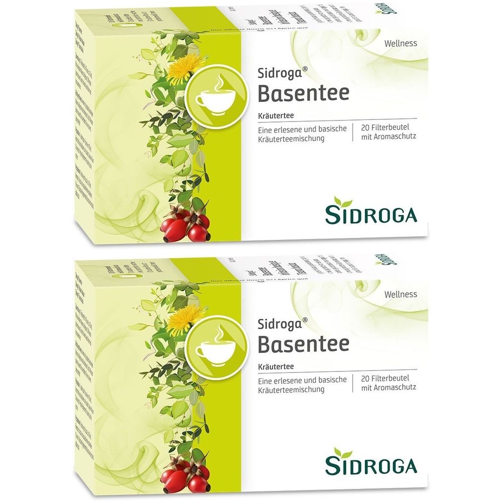 Zwei Schachteln Sidroga Basentee. Aufdruck: Kräutertee, 20 Filterbeutel mit Aromaschutz. Logo und Schriftzug Sidroga.