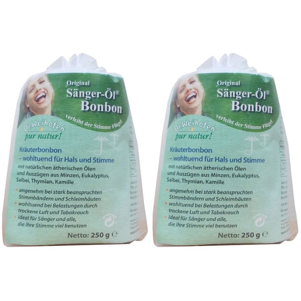 Zwei Beutel Kräuterbonbons. Aufschrift: Original Sänger-Öl Bonbon. Nettogewicht: 250 g. Abbildung einer lächelnden Frau.