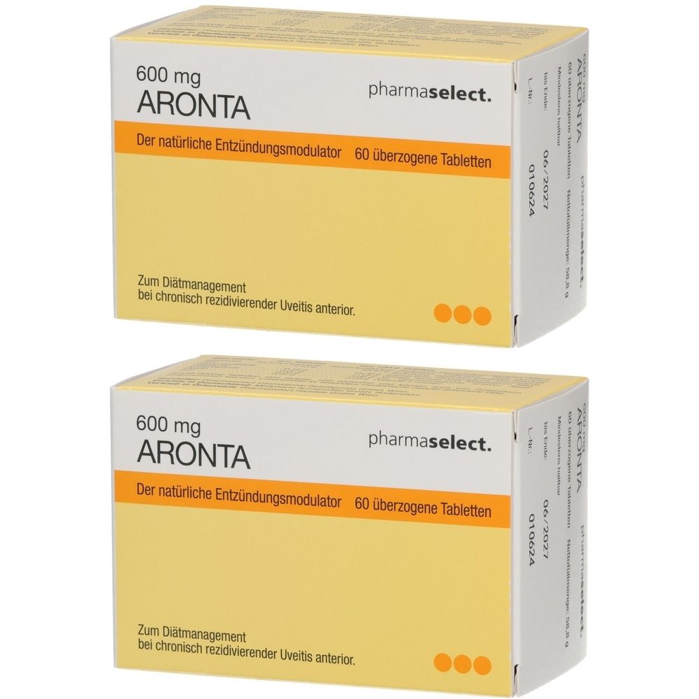 Zwei Schachteln ARONTA 600 mg. Aufschrift: 60 überzogene Tabletten. Marke: pharmaselect. Gelbe und weiße Verpackung.