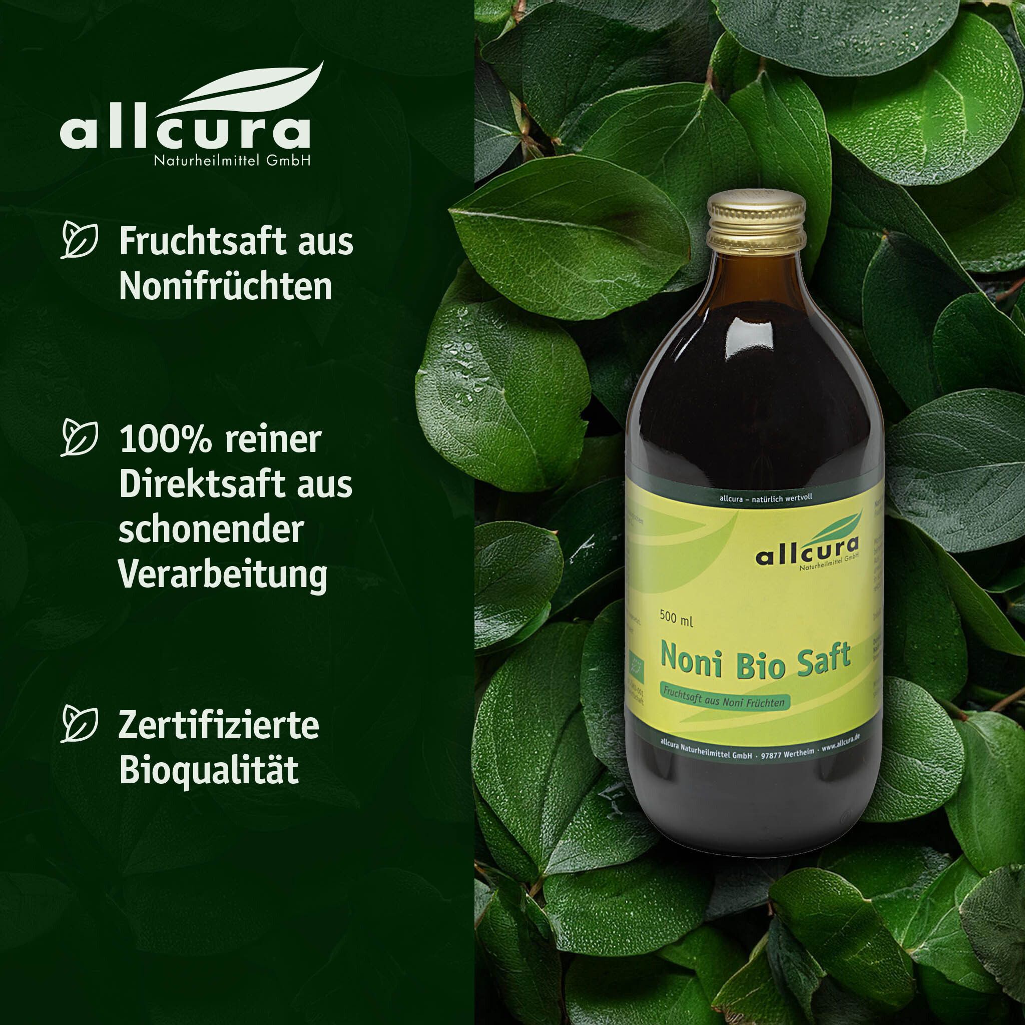 Eine Flasche allcura Noni Bio Saft (500 ml) umgeben von grünen Blättern. Links: Liste mit Fruchtsaft aus Nonifrüchten, 100% reiner Direktsaft, zertifizierte Bioqualität.