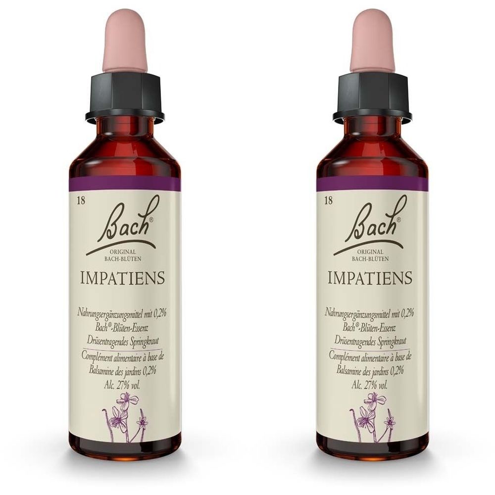 Zwei Flaschen mit braunem Inhalt und rosa Pipetten. Auf den Etiketten steht "Bach IMPATIENS".