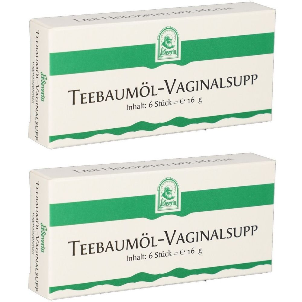 Zwei Schachteln mit "Teebaumöl-Vaginalsupp". Weiße Verpackung mit grünen Streifen und Schriftzug. Inhalt: 6 Stück.