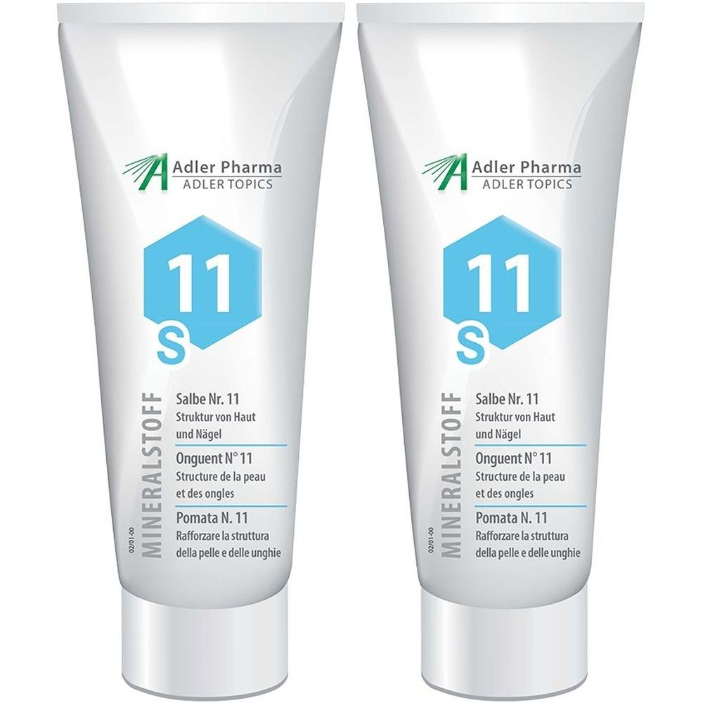 Zwei Tuben MINERALSTOFF Salbe Nr. 11. Weiß, mit blauer Raute und Aufschrift. Adler Pharma Logo.