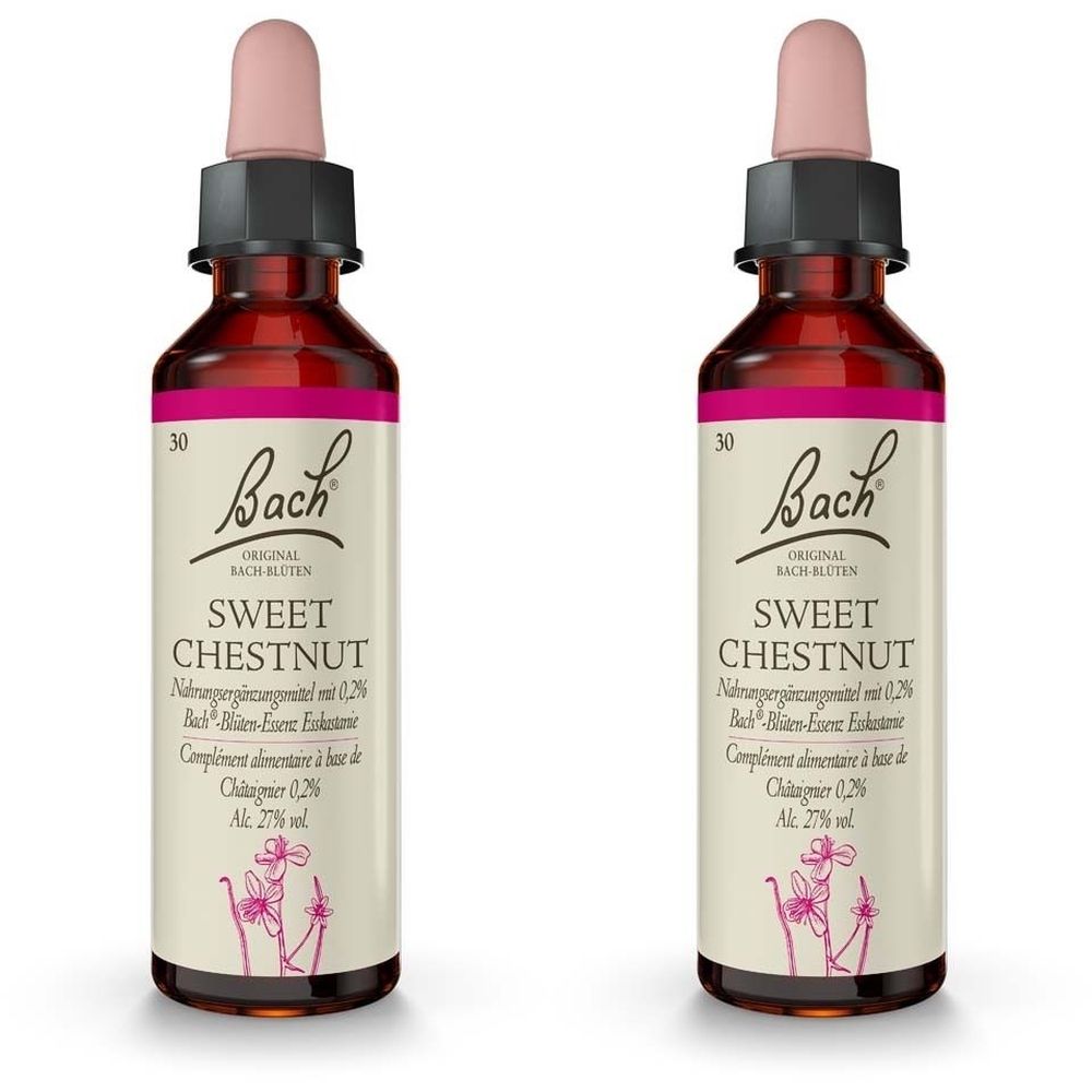 Zwei Flaschen mit rosa Verschlusskappe. Aufschrift: Bach Original, Sweet Chestnut. Etikett mit floralem Design.