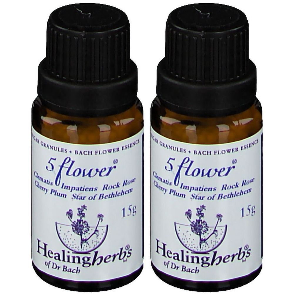 Zwei braune Glasflaschen mit schwarzen Deckeln. Auf den Etiketten steht "5 flower" und "Healingherbs of Dr Bach".