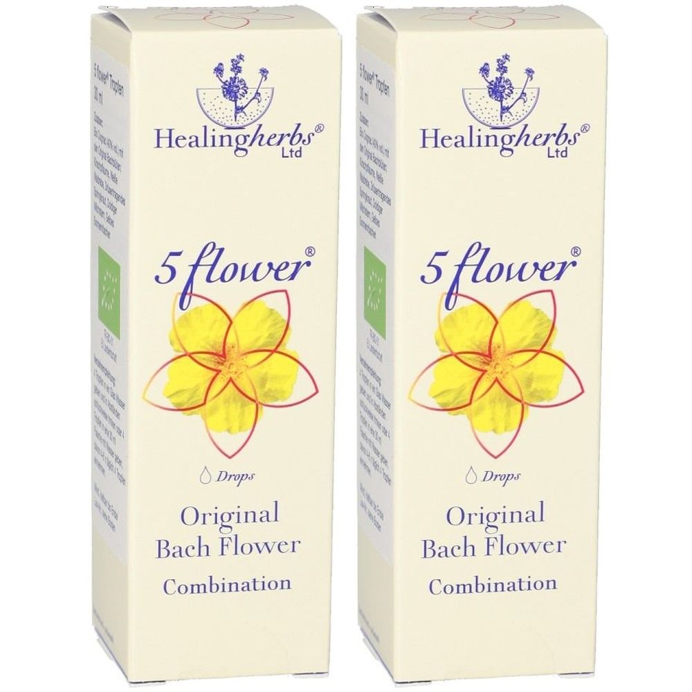 Zwei rechteckige Kartons mit Produktlogo und Aufschrift "5 flower". Enthält "Original Bach Flower Combination".