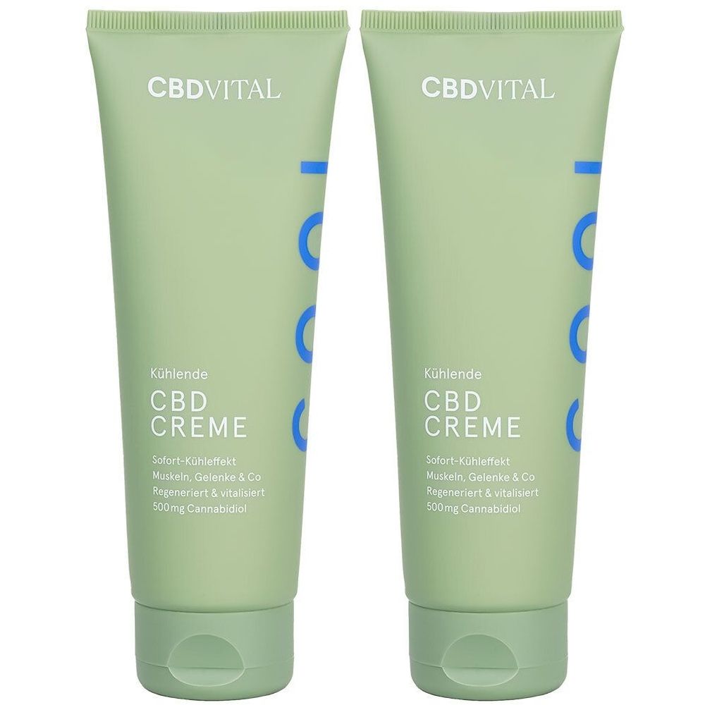 Zwei grüne Tuben mit weißem Aufdruck. Oben steht CBD VITAL, darunter Kühlende CBD Creme. Text darunter.