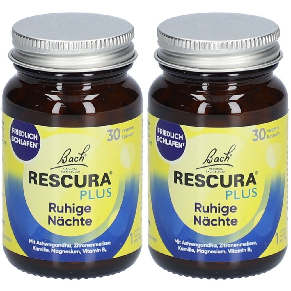 Zwei Flaschen Bachblüten RESCURA PLUS Ruhige Nächte Kapseln. Braune Glasflaschen mit silbernen Deckeln und gelben Etiketten.