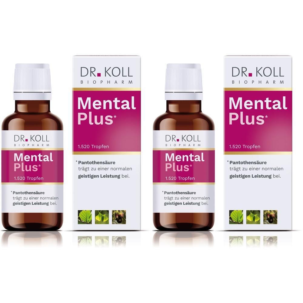 Zwei Flaschen und zwei Kartons DR. KOLL Mental Plus Tropfen, braunes Glas, weiße Kappe, rosa Etikett.