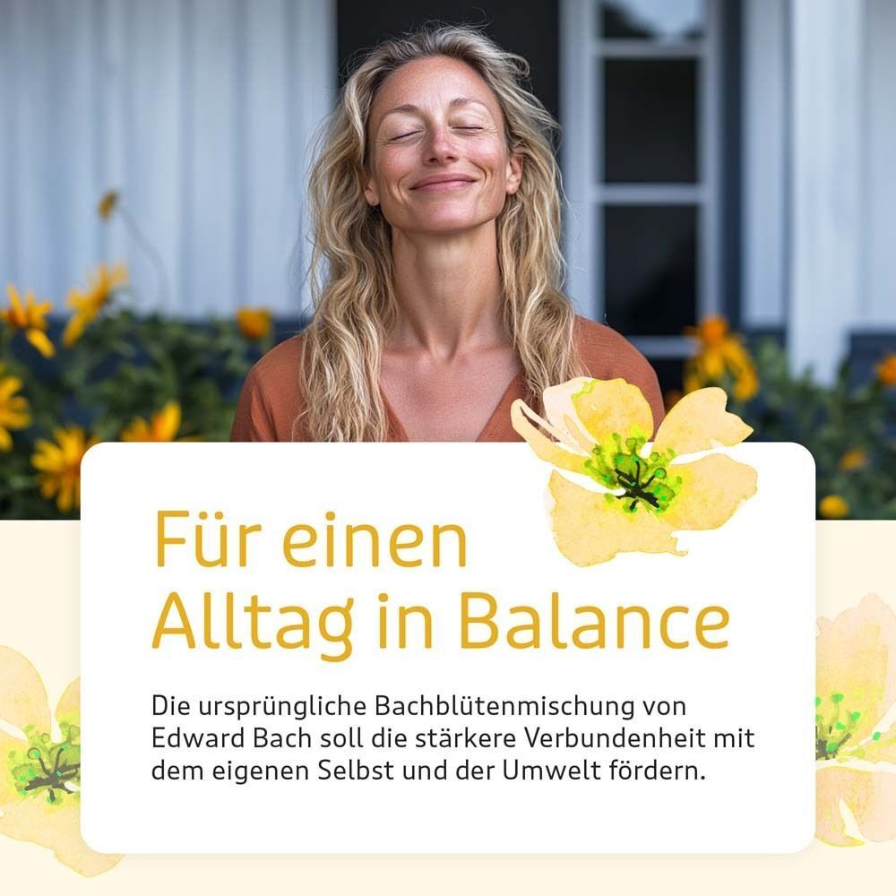 Frau mit geschlossenen Augen und einem Lächeln, umgeben von Blumen.