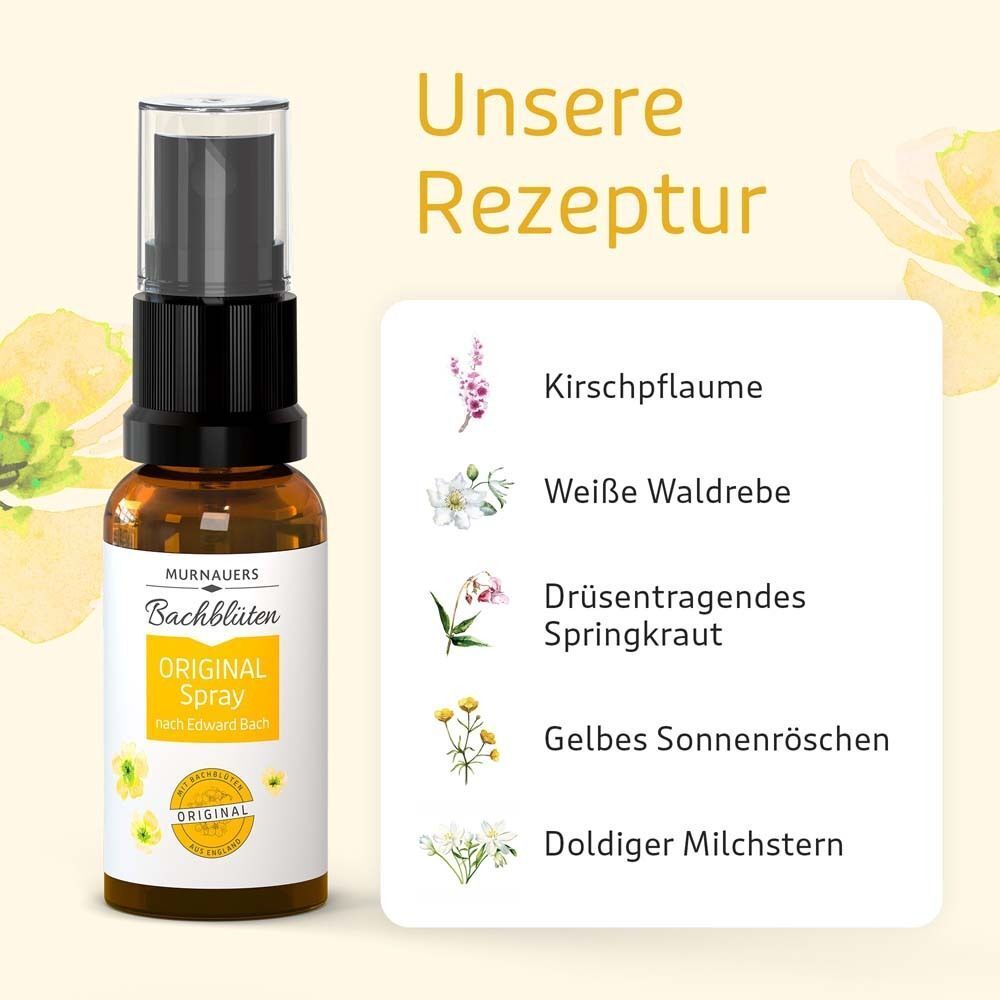 Flasche MURNAUERS Bachblüten Original Spray mit Liste der Blütenessenzen.