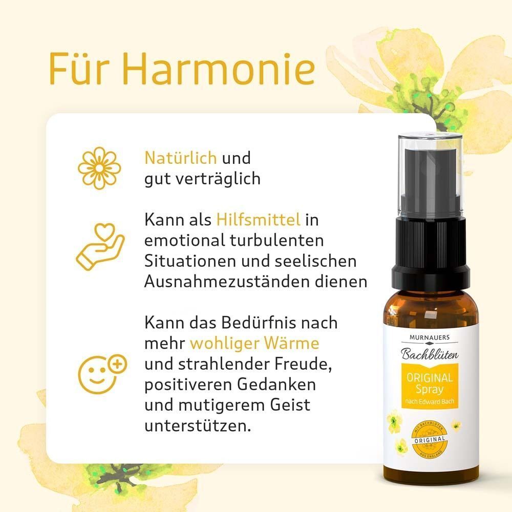 Flasche MURNAUERS Bachblüten Original Spray mit Text über Harmonie und Wohlbefinden.