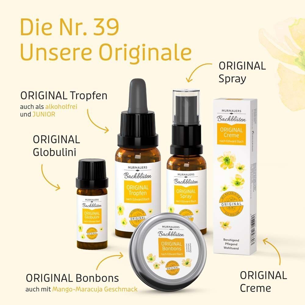 Verschiedene MURNAUERS Bachblüten Produkte: Tropfen, Globuli, Spray, Creme und Bonbons.
