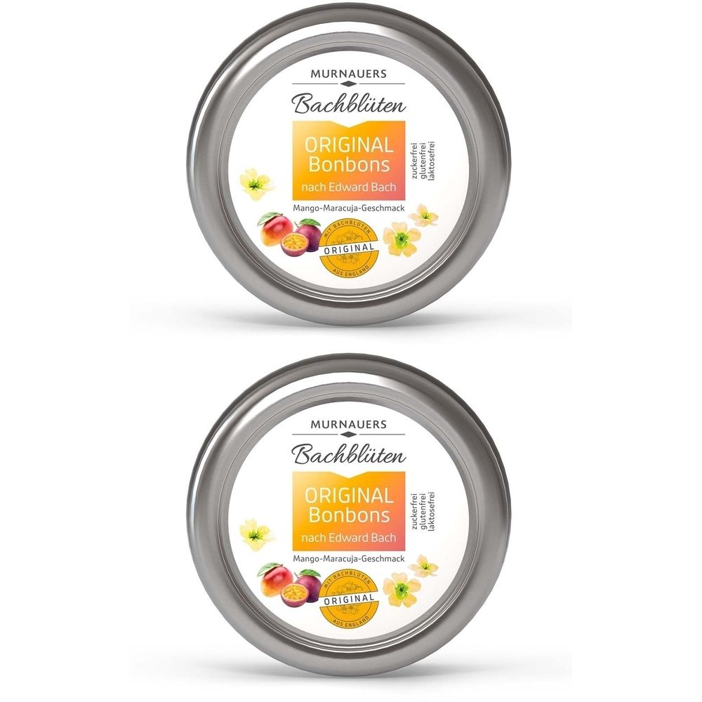 Zwei runde Metalldosen mit Etikett. Aufschrift: Original Bonbons, Mango-Maracuja-Geschmack. Marke: Murnauers Bachblüten.