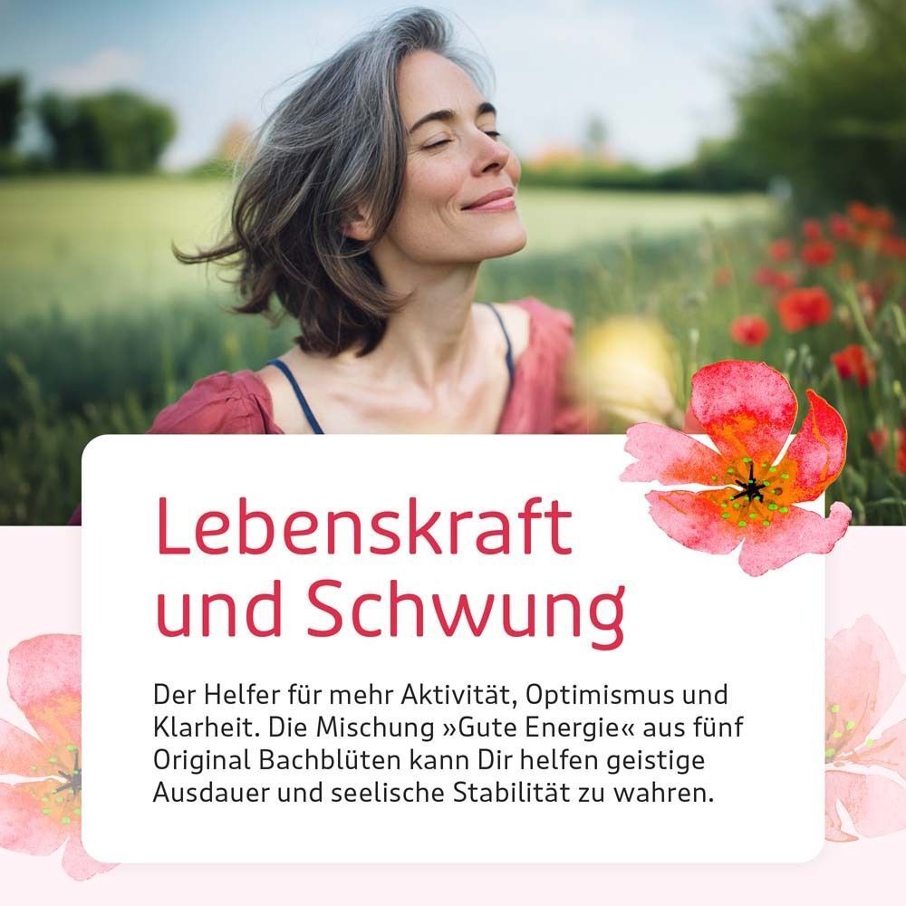 Frau mit geschlossenen Augen im Freien, Text: Lebenskraft und Schwung.