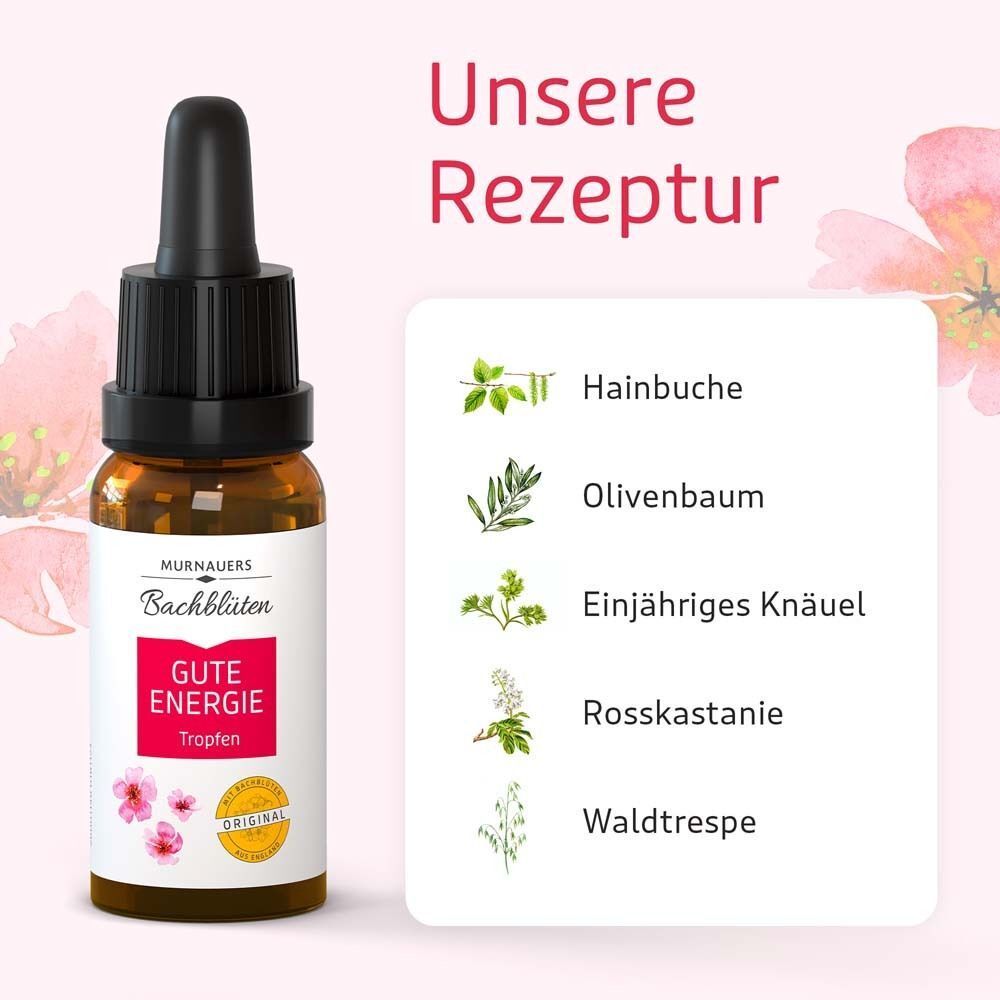 Flasche Murnauers Bachblüten Gute Energie Tropfen neben einer Liste von Pflanzen.