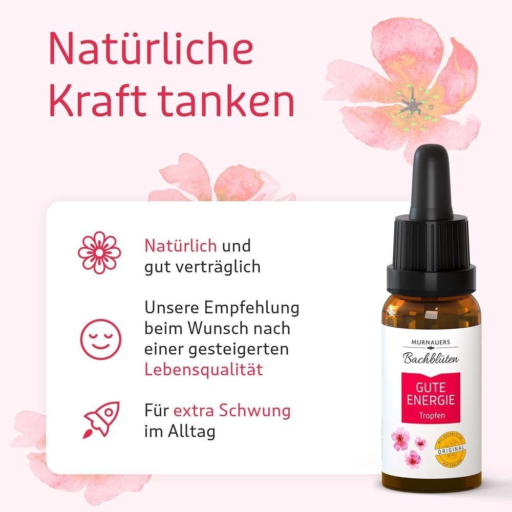 Flasche Murnauers Bachblüten Gute Energie Tropfen mit Icons: natürlich, gut verträglich, extra Schwung.