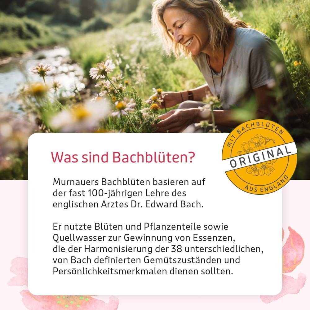 Frau in der Natur, Text: Was sind Bachblüten? Mit Siegel 'Original aus England'.