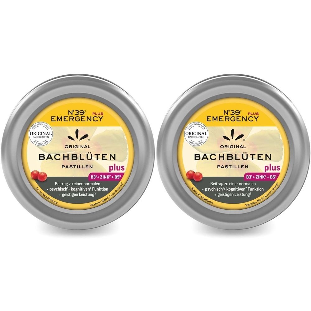 Zwei runde, silberfarbene Dosen mit gelben Etiketten. Aufschrift: N°39 Emergency plus Pastillen, Bachblüten. Rote Beeren und Logo.