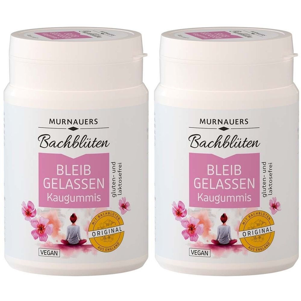 Zwei weiße Behälter mit rosa Etiketten. Aufschrift: Bachblüten Bleib Gelassen Kaugummis. Vegan, gluten- und laktosefrei.