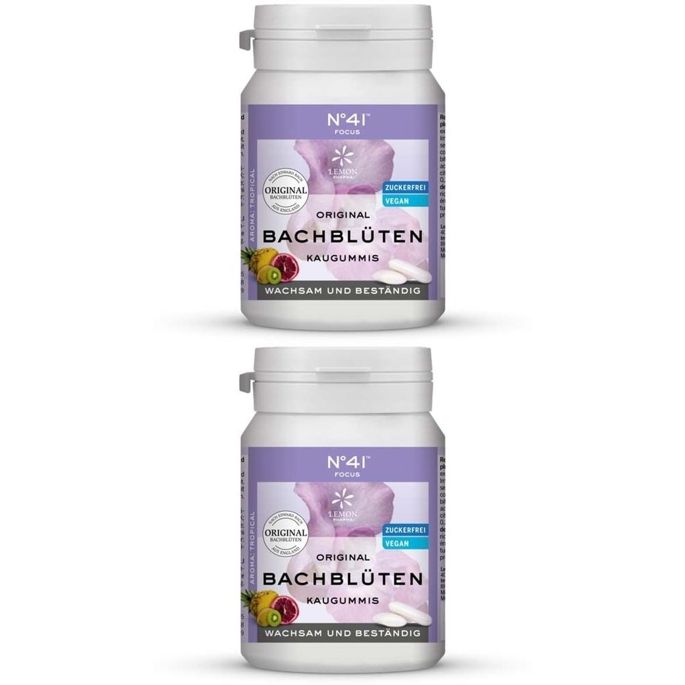 Zwei weiße Flaschen mit lila Etiketten. Aufschrift: Original Bachblüten Kaugummis. Vegan und zuckerfrei.